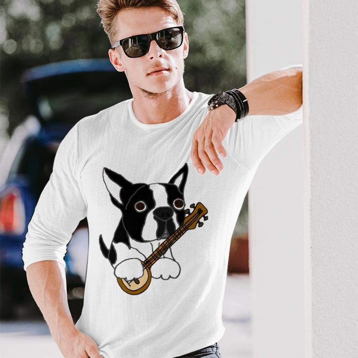 Boston Terrier Dog Playing Banjo Long Sleeve T-Shirt Gifts for Him