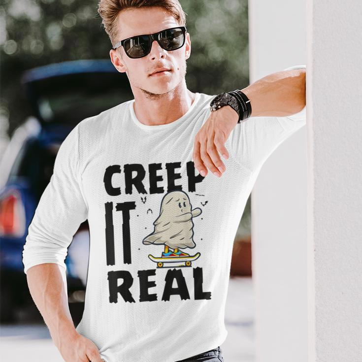 Creep It Real Ghost Men Skateboarding Halloween Fall Season Long Sleeve T-Shirt Gifts for Him