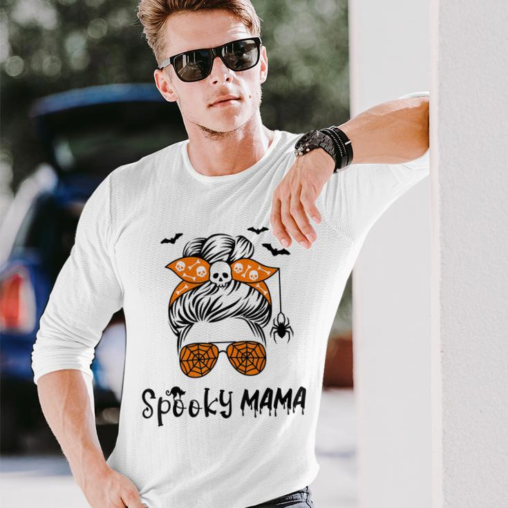 Messy Bun Spooky Mama Mom Halloween Costume Skull Long Sleeve T-Shirt Gifts for Him