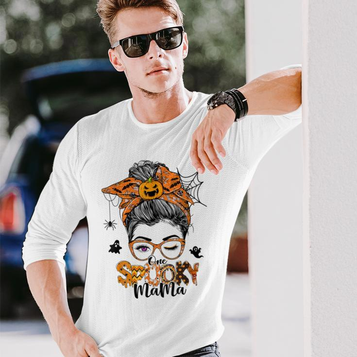 One Spooky Mama For Halloween Messy Bun Mom Monster Bleached V3 Long Sleeve T-Shirt Gifts for Him