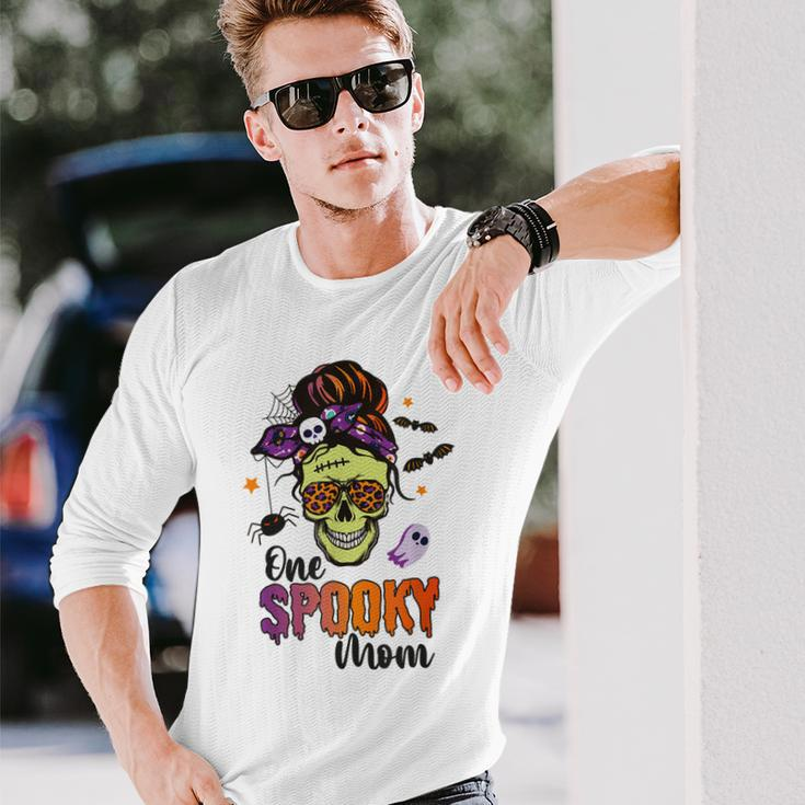 One Spooky Mama Mom Halloween Skull Messy Hair Bun Mother Long Sleeve T-Shirt Gifts for Him