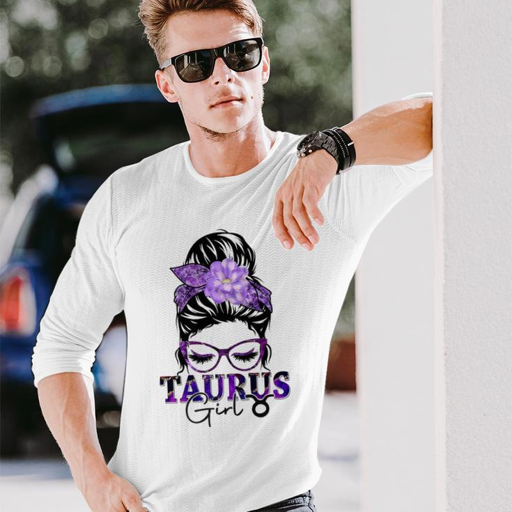 Taurus Girl Birthday Messy Bun Hair Purple Floral Long Sleeve T-Shirt Gifts for Him