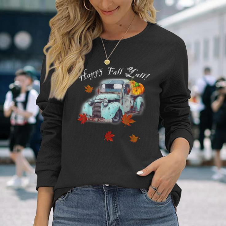 Autumn Quote Happy Fall Yall Cute Old Truck & Pumpkins Fall Men Women Long Sleeve T-Shirt T-shirt Graphic Print Gifts for Her