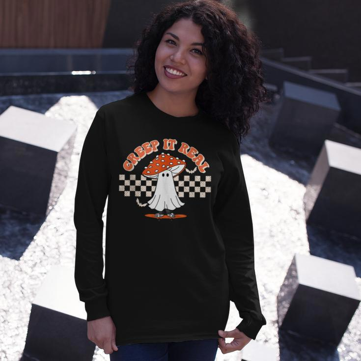 Checkered Mushroom Ghost Creep It Real Halloween Long Sleeve T-Shirt Gifts for Her
