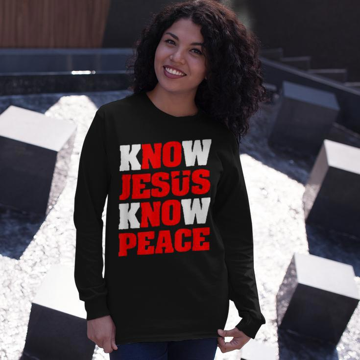 Christian Jesus Bible Verse Scripture Know Jesus Know Peace V2 Long Sleeve T-Shirt Gifts for Her
