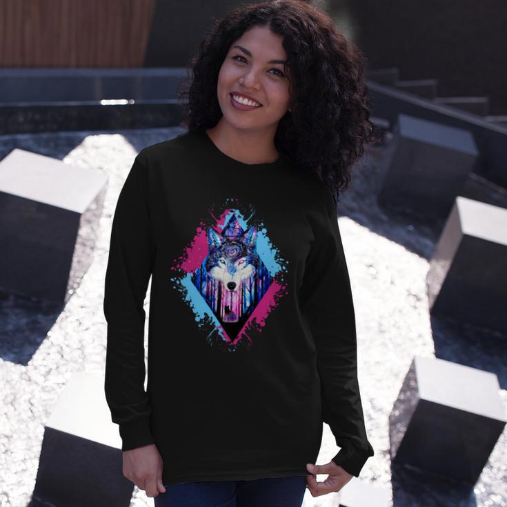 Colorful Wolf Painting Wolves Lover Long Sleeve T-Shirt Gifts for Her