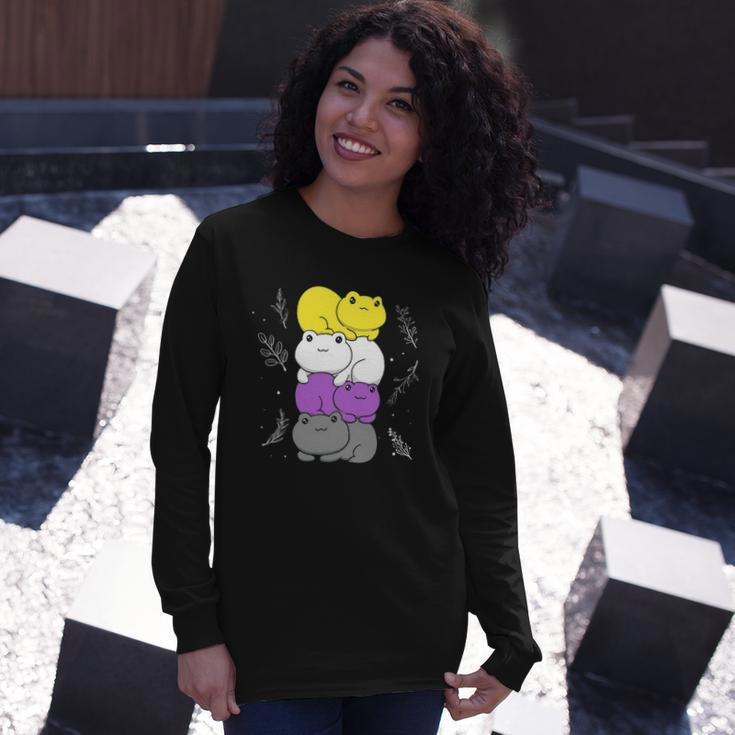 Cottagecore Aesthetic Kawaii Frog Pile Nonbinary Pride Flag Long Sleeve T-Shirt Gifts for Her
