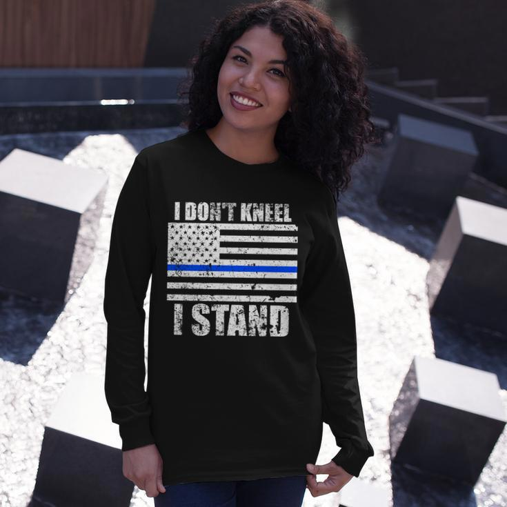 I Dont Kneel I Stand Usa Blue Line Flag Long Sleeve T-Shirt Gifts for Her