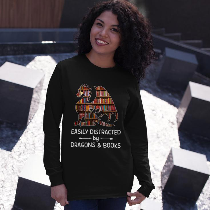 Easily Distracted By Dragon And Books Nerds Tshirt Long Sleeve T-Shirt Gifts for Her