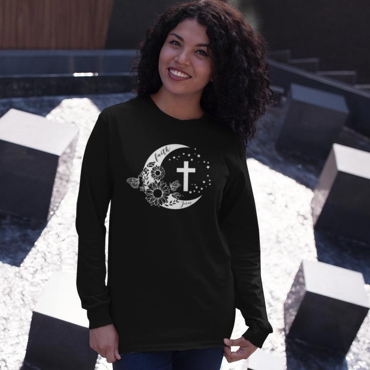 Faith Cross Crescent Moon With Sunflower Christian Religious Long Sleeve T-Shirt T-Shirt Gifts for Her