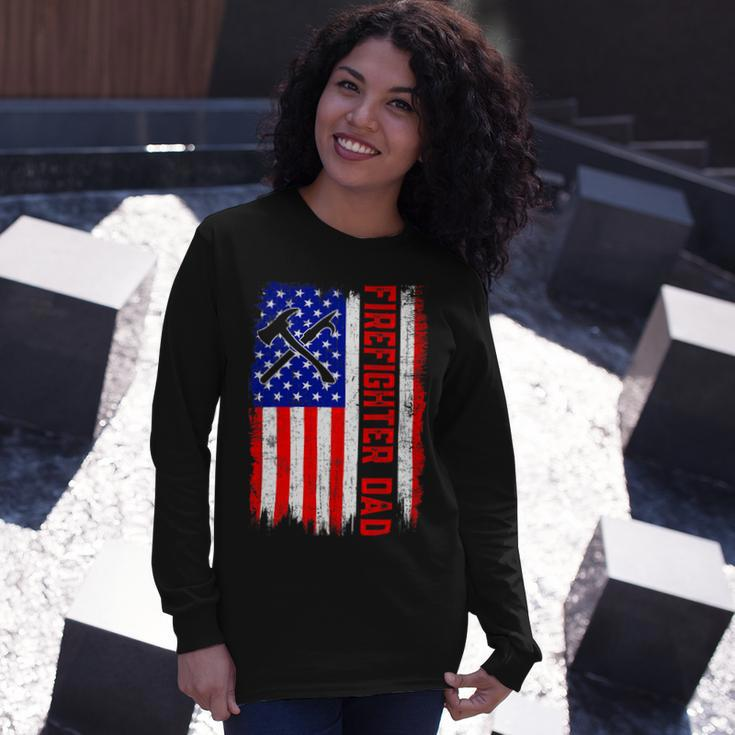 Firefighter Retro American Flag Firefighter Dad Jobs Fathers Day Long Sleeve T-Shirt Gifts for Her