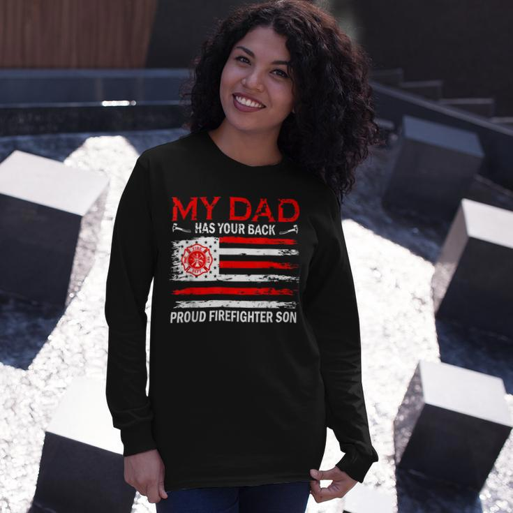 Firefighter Retro My Dad Has Your Back Proud Firefighter Son Us Flag V2 Long Sleeve T-Shirt Gifts for Her