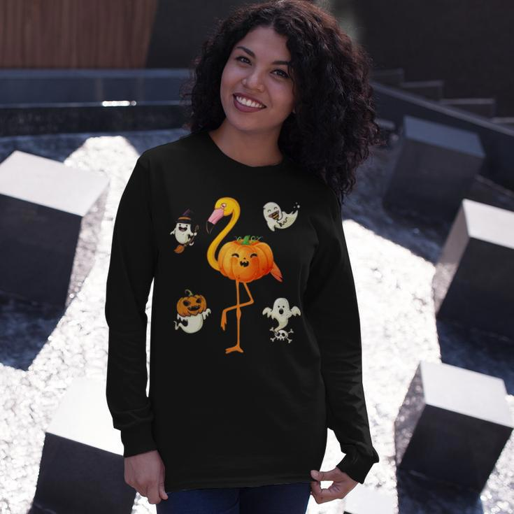 Flamingo Pumpkin Halloween Bird Lover For Girls And Boys Tshirt Long Sleeve T-Shirt Gifts for Her