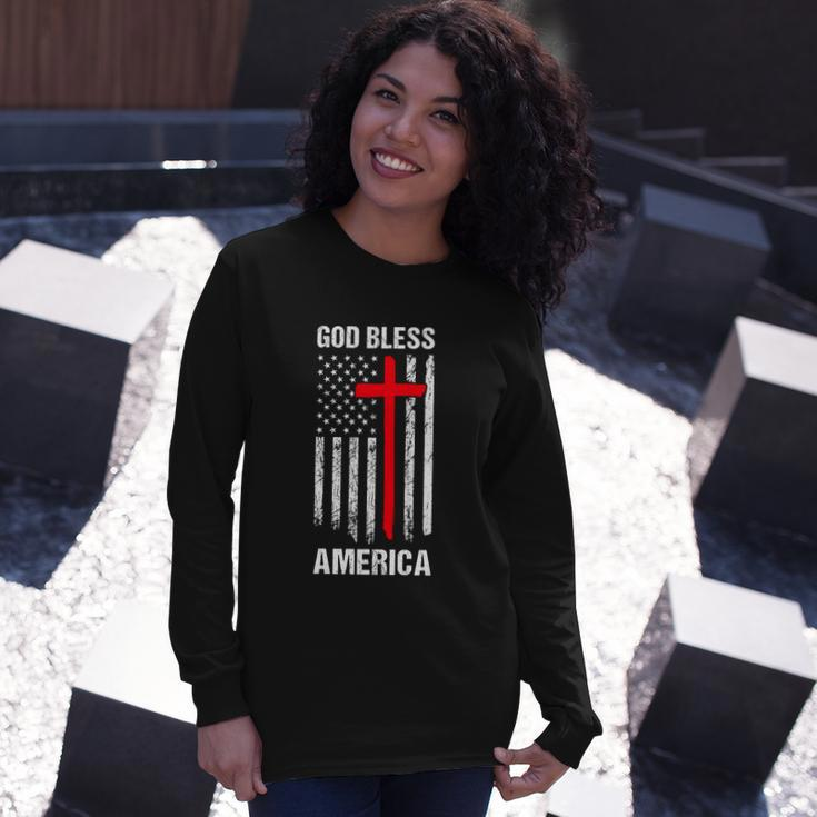 God Bless America Fourth Of July Christian Patriot Usa Flag Long Sleeve T-Shirt Gifts for Her