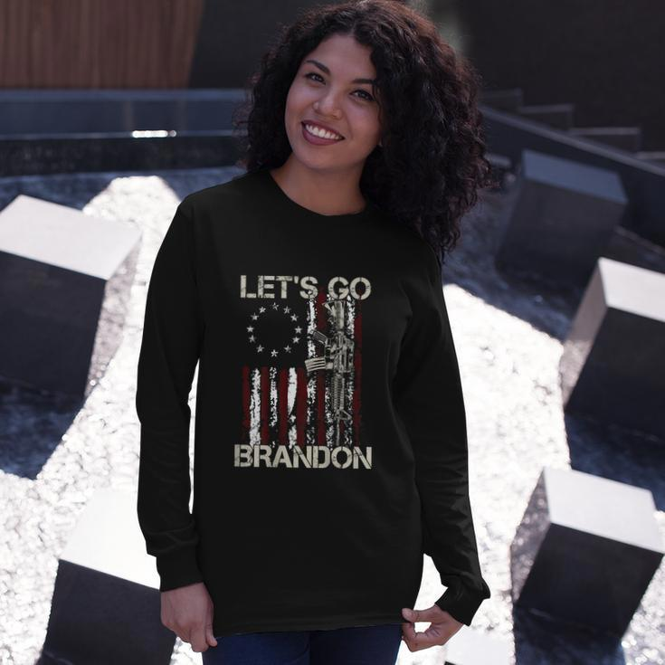 Gun American Flag Patriots Lets Go Brandon On Back Long Sleeve T-Shirt Gifts for Her