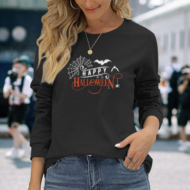 Halloween Funny Happy Halloween Orange And White Men Women Long Sleeve T-shirt Graphic Print Unisex Gifts for Her