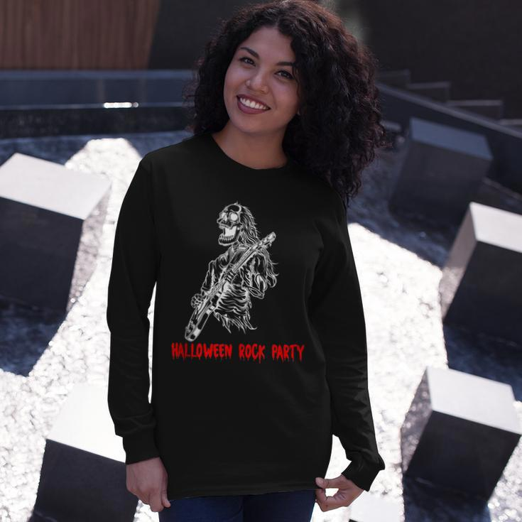 Halloween Rock Party Dancing Guitar Skeleton Playing Rock Long Sleeve T-Shirt Gifts for Her