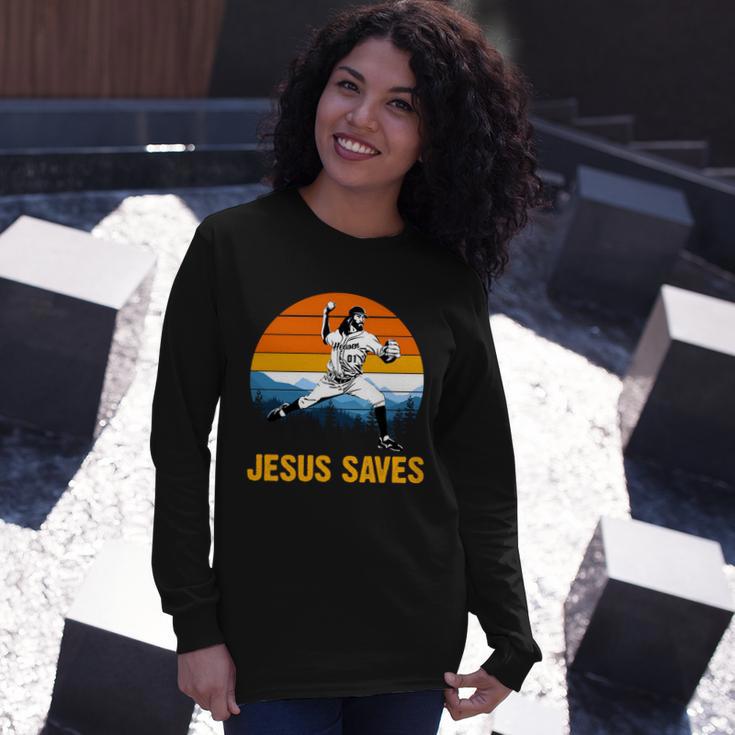 Jesus Saves Retro Baseball Pitcher Long Sleeve T-Shirt Gifts for Her