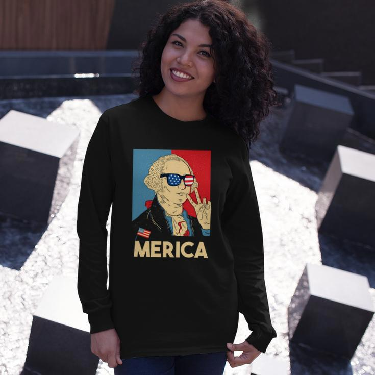 Merica George Washington 4Th Of July Usa Flag American Long Sleeve T-Shirt Gifts for Her