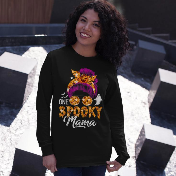 One Spooky Mama Halloween Messy Bun Hair Ghosts Lover Long Sleeve T-Shirt Gifts for Her