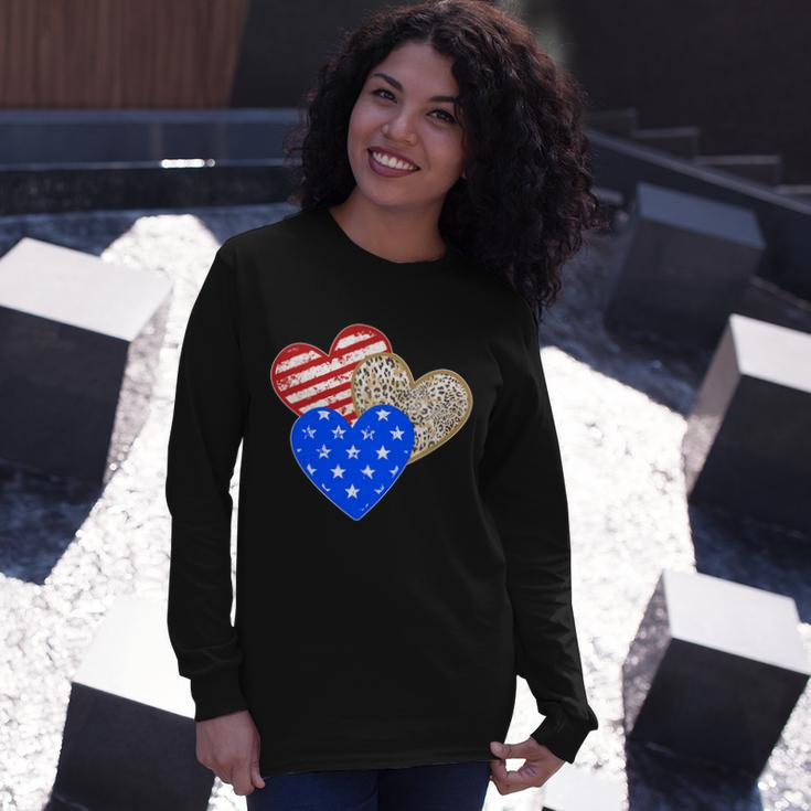 Patriotic Leopard Print Stars And Stripes Hearts Long Sleeve T-Shirt Gifts for Her