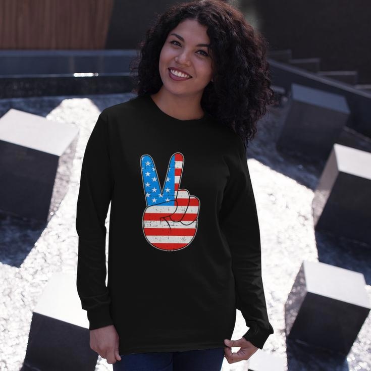 Peace Hand Sign For 4Th Of July American Flag Long Sleeve T-Shirt Gifts for Her