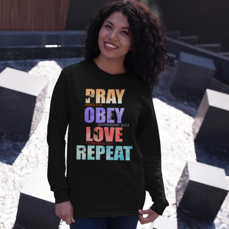 Pray Obey Love Repeat Christian Bible Quote Long Sleeve T-Shirt Gifts for Her