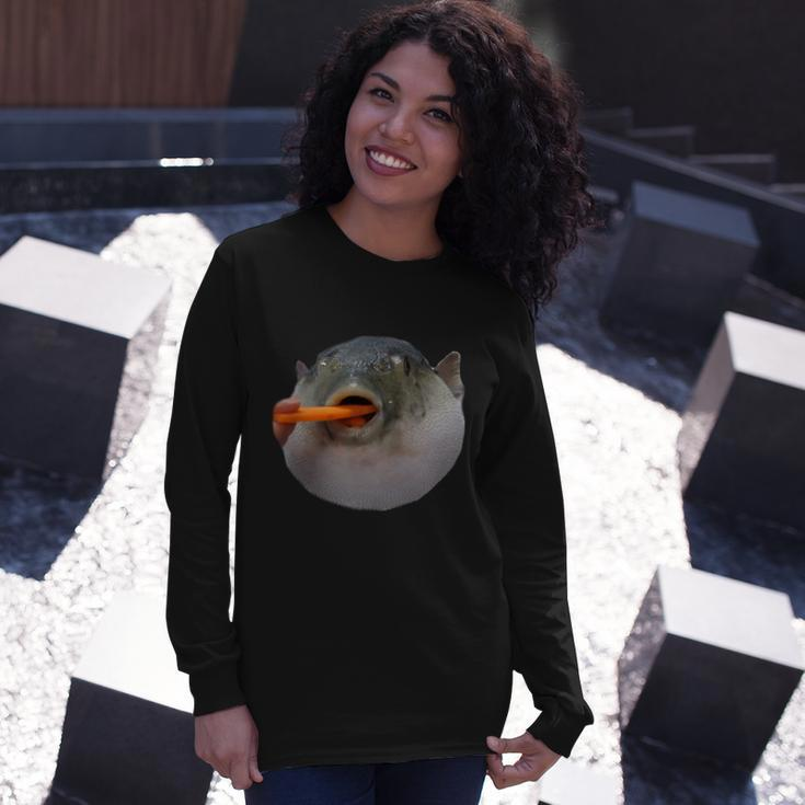 Pufferfish Eating A Carrot Meme Blowfish Dank Memes Long Sleeve T-Shirt Gifts for Her