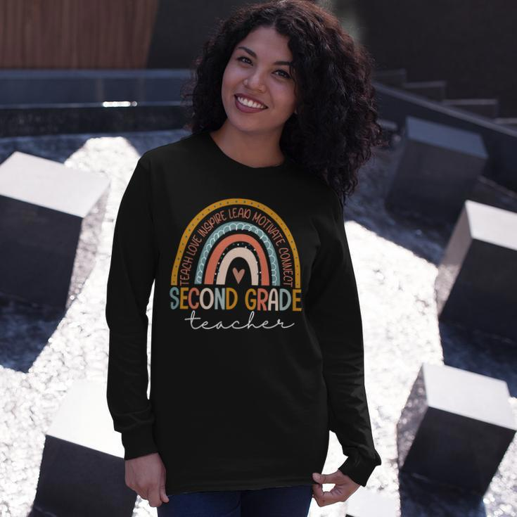 Second Grade Teacher Teach Love Inspire Boho Rainbow Long Sleeve T-Shirt Gifts for Her