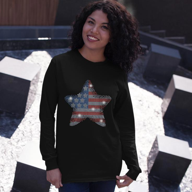 Vintage July 4Th Star Flag American Rhinestone Bling Tee Long Sleeve T-Shirt Gifts for Her