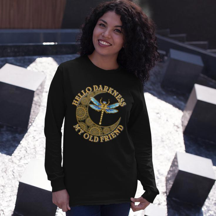 Vintage Steampunk Dragonfly Moon Hello Darkness My Old Friend Long Sleeve T-Shirt Gifts for Her