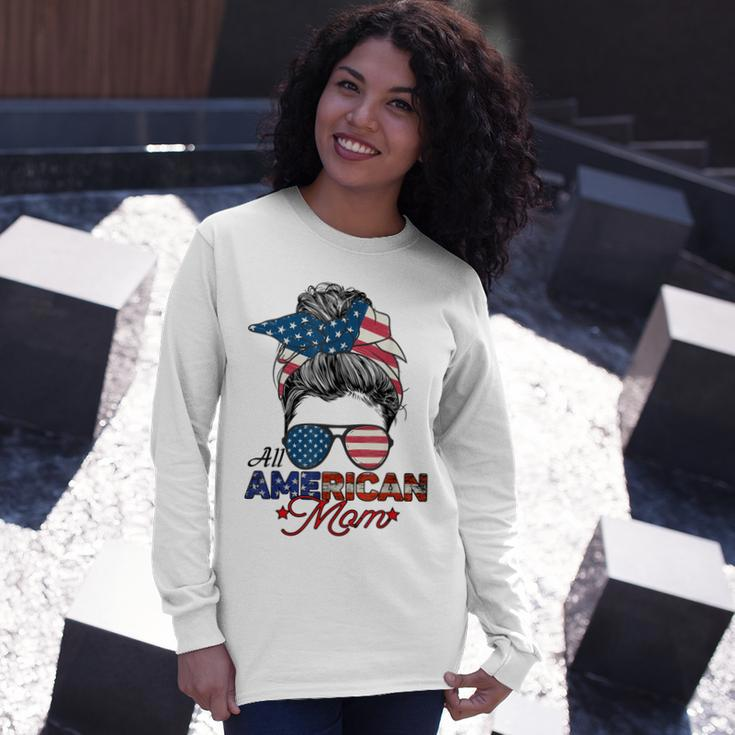 All American Mom 4Th July Messy Bun Us Flag Long Sleeve T-Shirt Gifts for Her