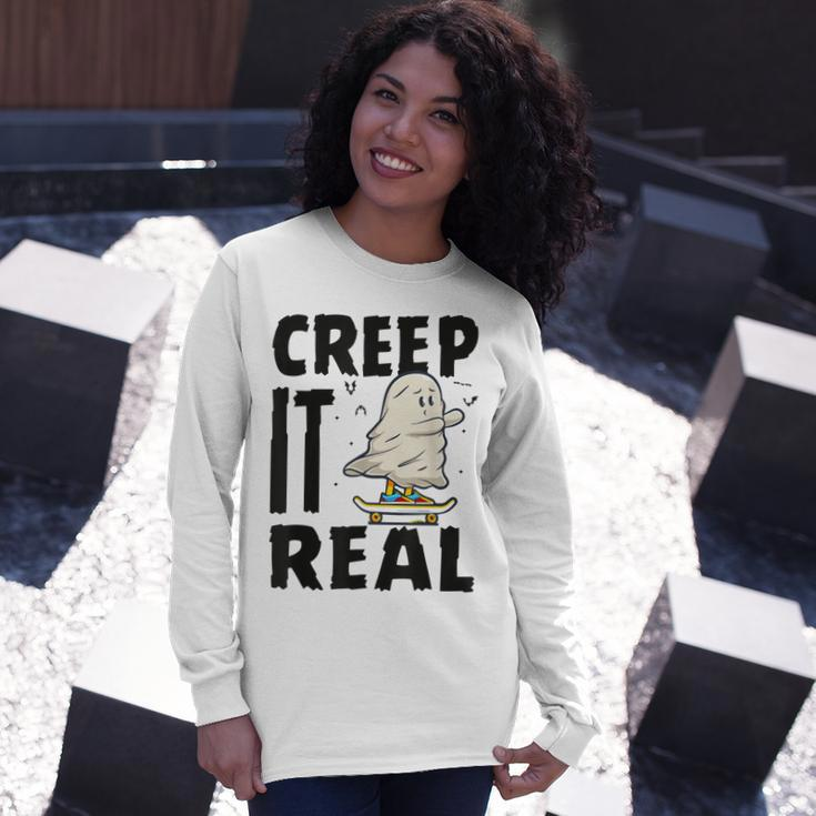 Creep It Real Ghost Men Skateboarding Halloween Fall Season Long Sleeve T-Shirt Gifts for Her