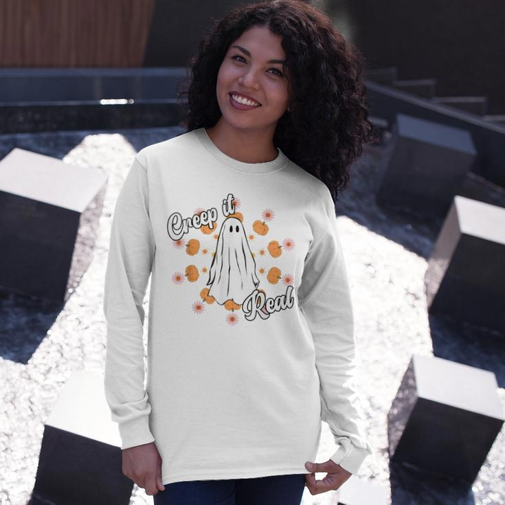 Creep It Real Vintage Ghost Pumkin Retro Groovy Long Sleeve T-Shirt Gifts for Her