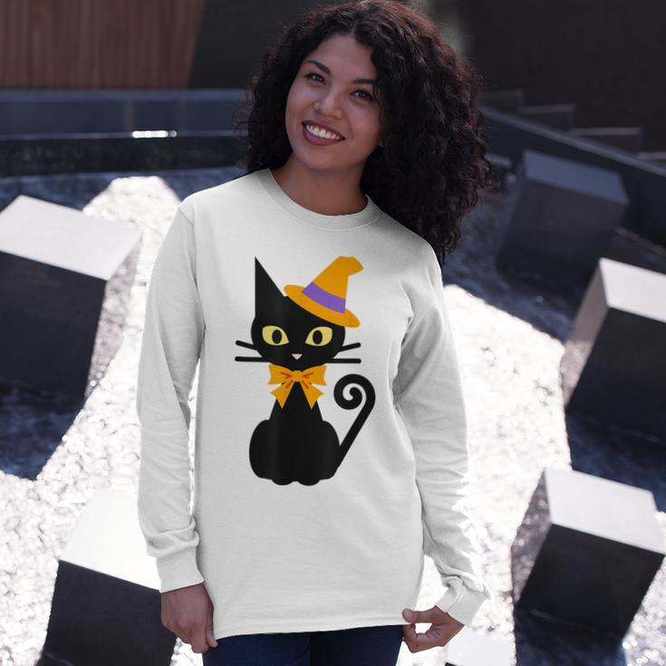 Halloween Black Cat With Hat And Bow Japanese Long Sleeve T-Shirt Gifts for Her