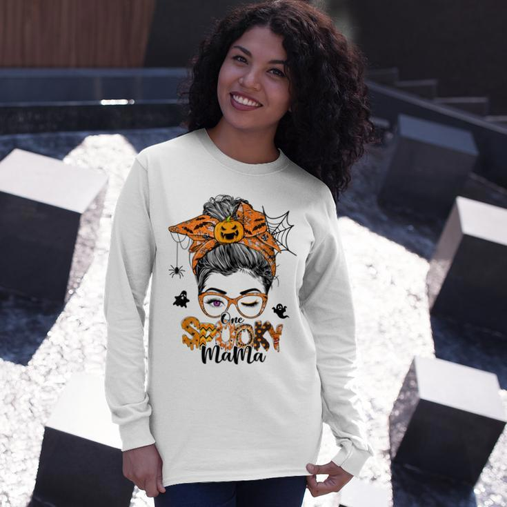 One Spooky Mama For Halloween Messy Bun Mom Monster Bleached V3 Long Sleeve T-Shirt Gifts for Her
