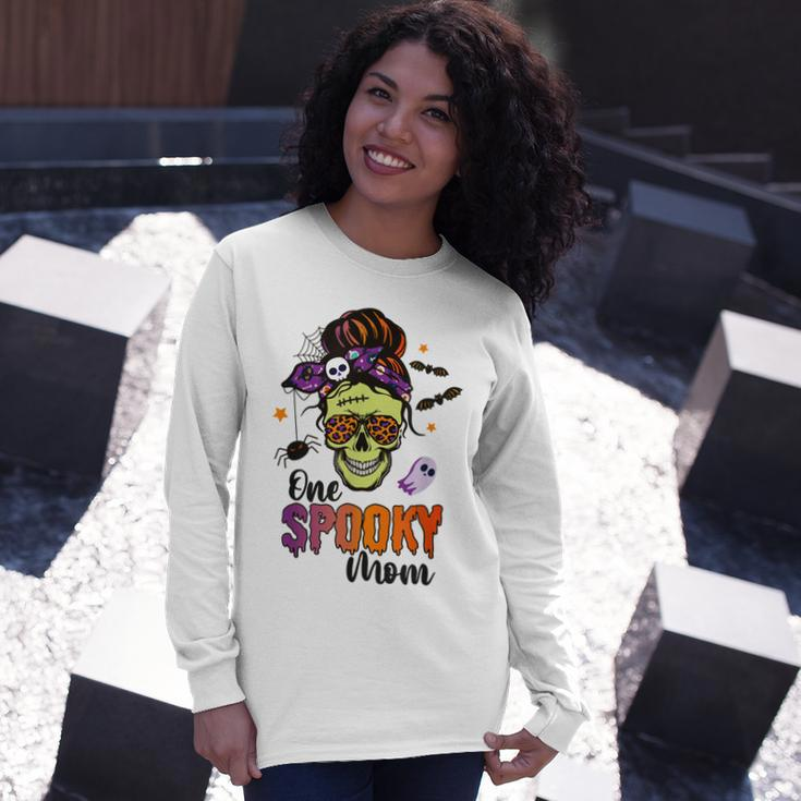 One Spooky Mama Mom Halloween Skull Messy Hair Bun Mother Long Sleeve T-Shirt Gifts for Her