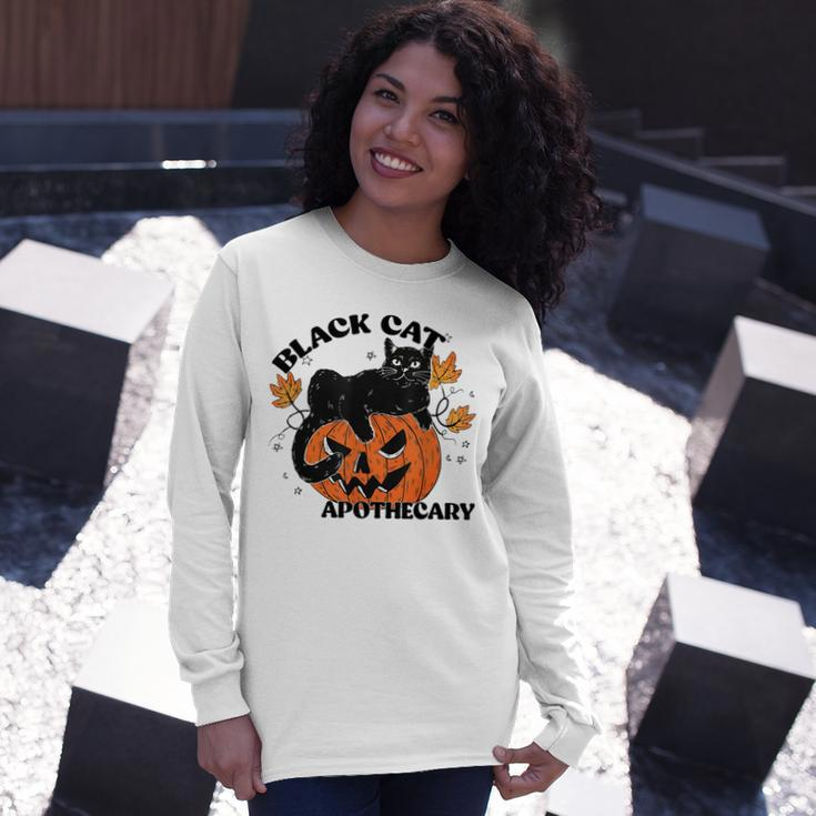 Retro Black Cat Apothecary And Pumpkin Halloween Vintage Long Sleeve T-Shirt Gifts for Her