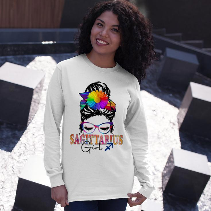 Sagittarius Girl Birthday Messy Bun Hair Colorful Floral Long Sleeve T-Shirt Gifts for Her