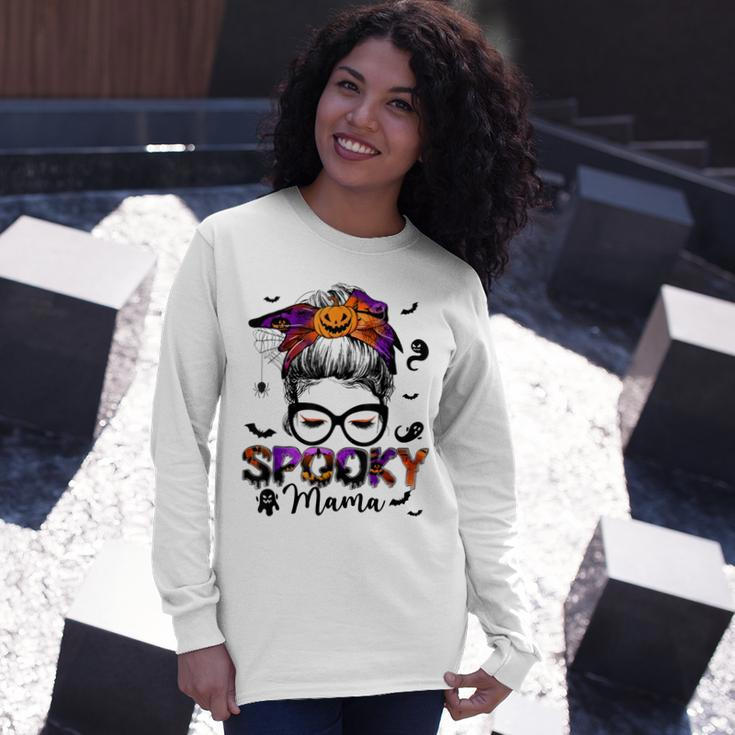 Spooky Mama Messy Bun Halloween Jack O Lantern Mom Long Sleeve T-Shirt Gifts for Her