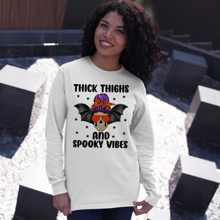 Thick Thights And Spooky Vibes Halloween Messy Bun Hair Long Sleeve T-Shirt Gifts for Her