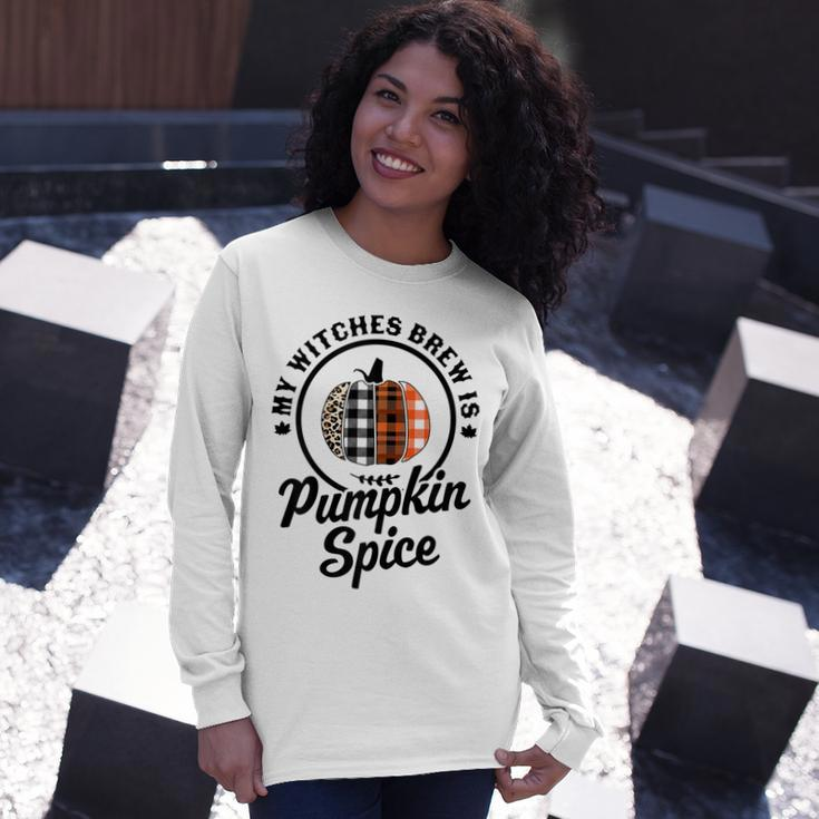 My Witches Brew Is Pumpkin Spice Halloween Plaid Leopard Long Sleeve T-Shirt Gifts for Her