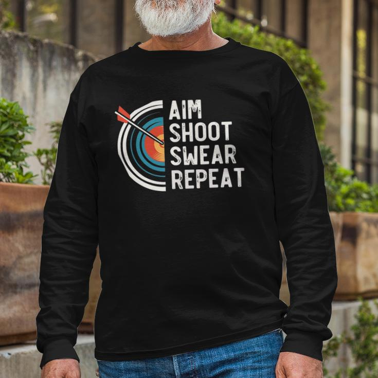 Aim Shoot Swear Repeat &8211 Archery Long Sleeve T-Shirt Gifts for Old Men