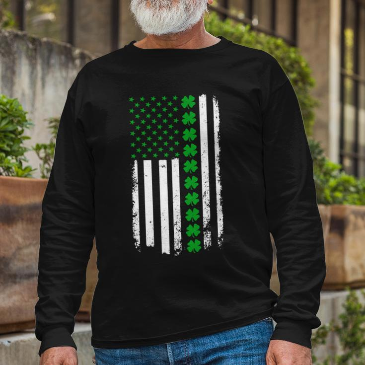 American Irish Clover Flag St Patricks Day Tshirt Long Sleeve T-Shirt Gifts for Old Men