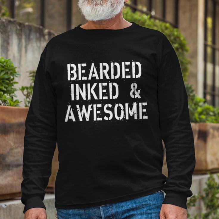 Bearded Inked & Awesome Beard Tattoo Logo Tshirt Long Sleeve T-Shirt Gifts for Old Men