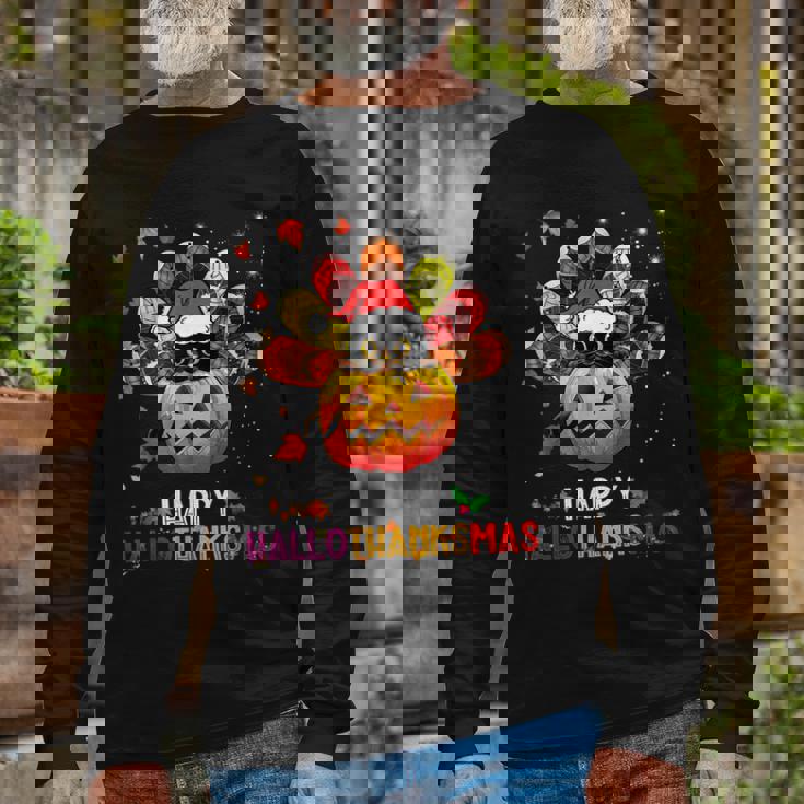 Black Cat Halloween And Merry Christmas Happy Hallothanksmas Long Sleeve T-Shirt Gifts for Old Men
