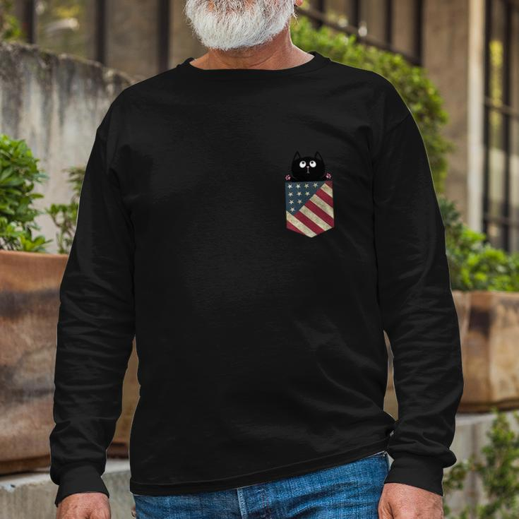 Black Cat In The Pocket Ready For A Hugging 4Th Of July Long Sleeve T-Shirt Gifts for Old Men