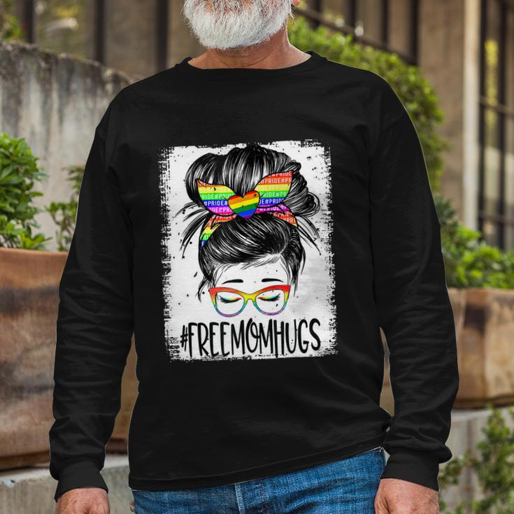 Bleached Free Mom Hugs Messy Bun Lgbt Pride Rainbow Long Sleeve T-Shirt Gifts for Old Men