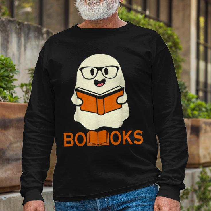 Booooks Ghost Boo Read Books Library Teacher Halloween Cute V3 Long Sleeve T-Shirt Gifts for Old Men