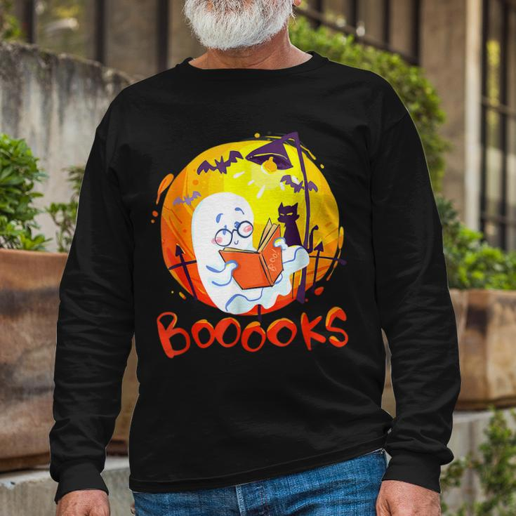 Booooks Ghost Halloween Teacher Book Library Reading Long Sleeve T-Shirt Gifts for Old Men